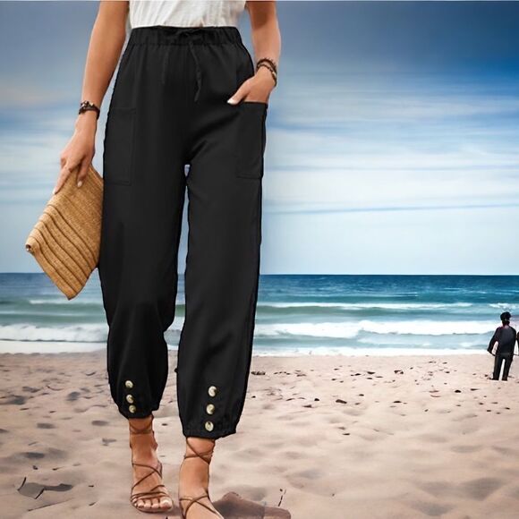 Black Pocket-Tie Waist, button accent lightweight cotton blend pants size L nwt - Picture 1 of 13
